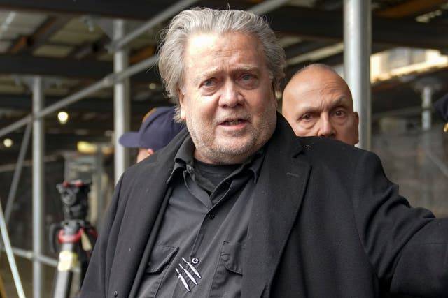 <p>Steve Bannon leaving a court in New York in February</p>