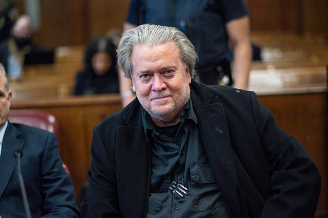<p>Steve Bannon appearing in court in New York in February </p>