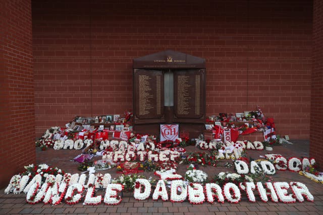 Floral tributes at the Hillsborough Memorial at Anfield Stadium, Liverpool (Nick Potts/PA)