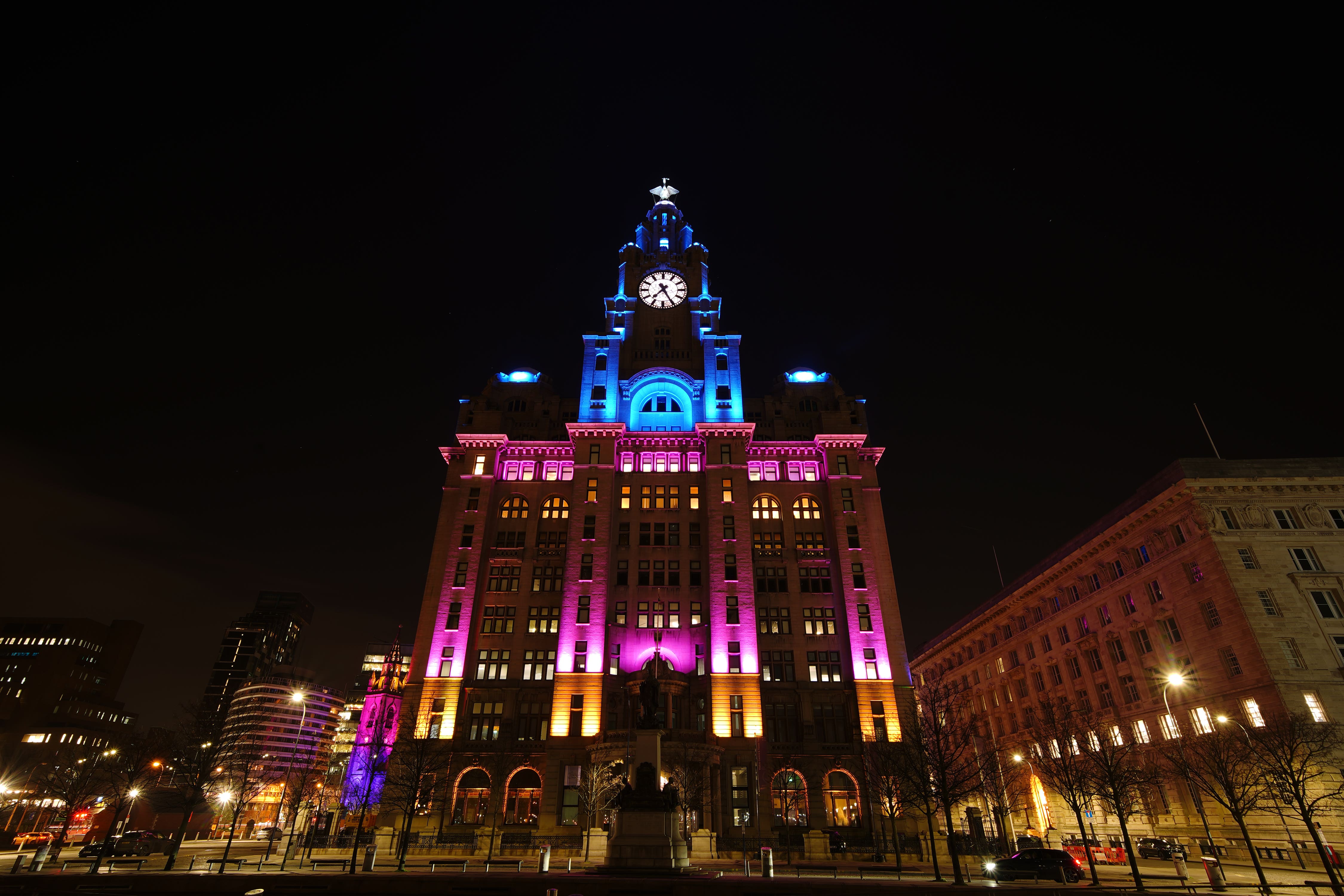 The Royal Liver Building illuminated for Eurovision in Liverpool, Merseyside