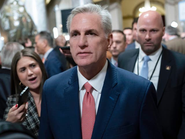 <p>Speaker of the House Kevin McCarthy, R-Calif., leaves the House Chamber after President Joe Biden's State of the Union address to a joint session of Congress at the Capitol, Feb. 7, 2023, in Washington</p>