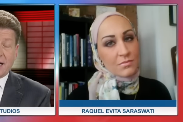 <p>Raquel Saraswati speaks to an anchor from Newsmax</p>