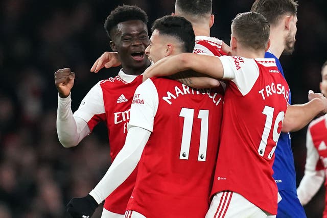 Arsenal’s Gabriel Martinelli and Bukayo Saka (PA)