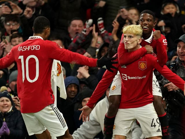 <p>Manchester United’s Alejandro Garnacho celebrates with team-mates </p>