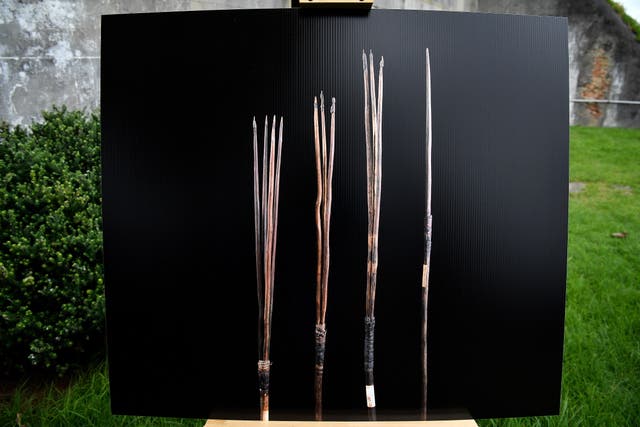 <p>A photograph of the four historic Australian Aboriginal Kamay spears that will be repatriated back to Country is seen during a press conference on Bare Island, in Sydney, Australia on 2 March 2023</p>