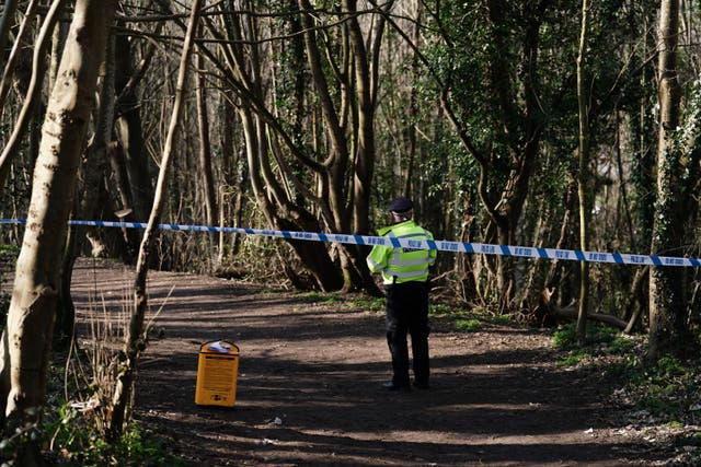 Police activity in woodland area in Brighton, East Sussex, near to where remains have been found in the search for the two-month-old baby of Constance Marten and Mark Gordon (Jordan Pettitt/PA)