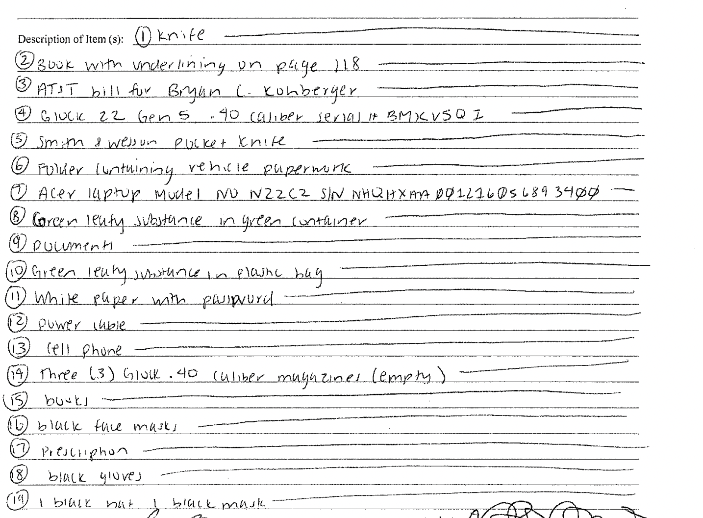List of items seized adt authorities served a search warrat at Bryan Kohberger’s home