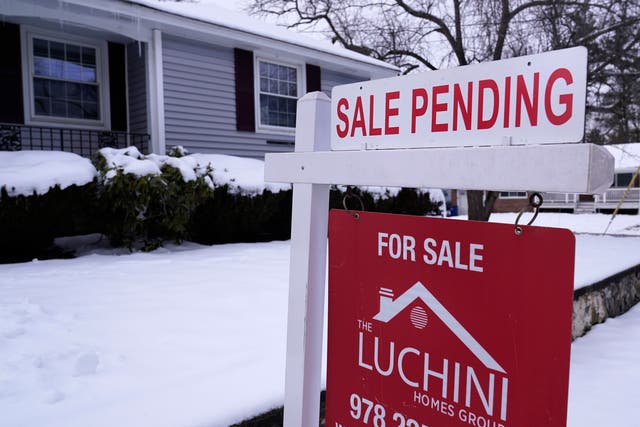 <p>A “sale pending” sign on a New Hampshire house </p>