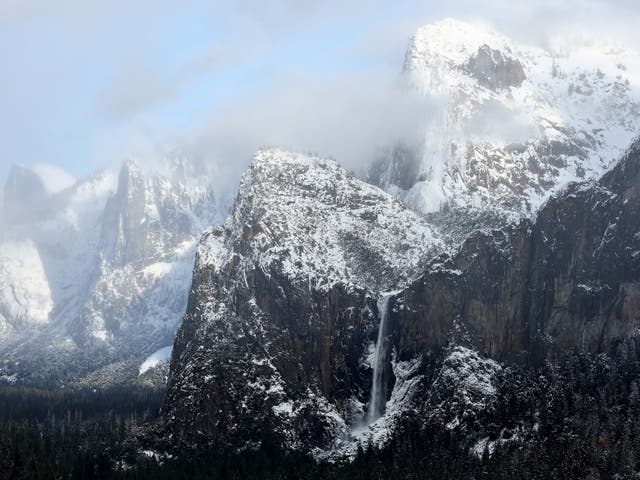 <p>Water flows from Bridalveil Fall (LOWER C) in Yosemite Valley, after the last of a series of atmospheric river storms passed through, on January 19, 2023</p>