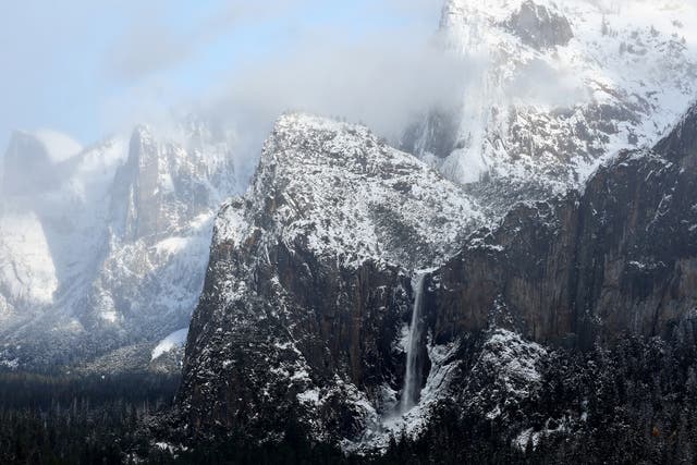 <p>Water flows from Bridalveil Fall (LOWER C) in Yosemite Valley, after the last of a series of atmospheric river storms passed through, on January 19, 2023</p>