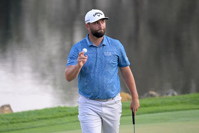 Jon Rahm started his round strong at the Arnold Palmer Invitational at Bay Hill on Thursday, before ending it even stronger – closing eagle-birdie-birdie for a 7-under 65 and a two-shot lead (Phelan M Ebenhack/AP)