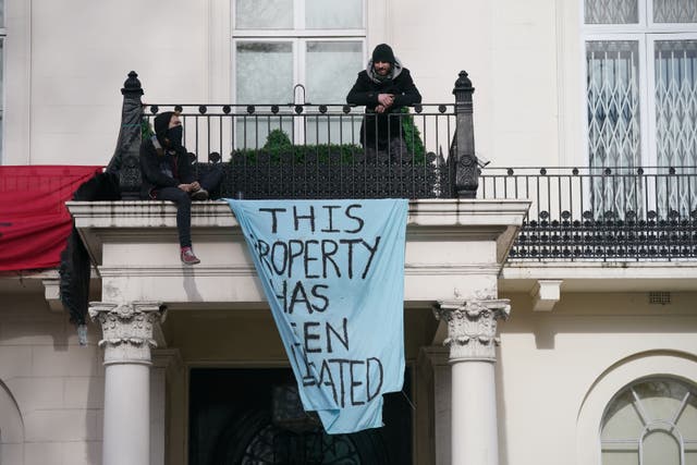 Squatters occupying a mansion belonging to Russian oligarch Oleg Deripaska in Belgrave Square, central London, in March 2022 (PA)