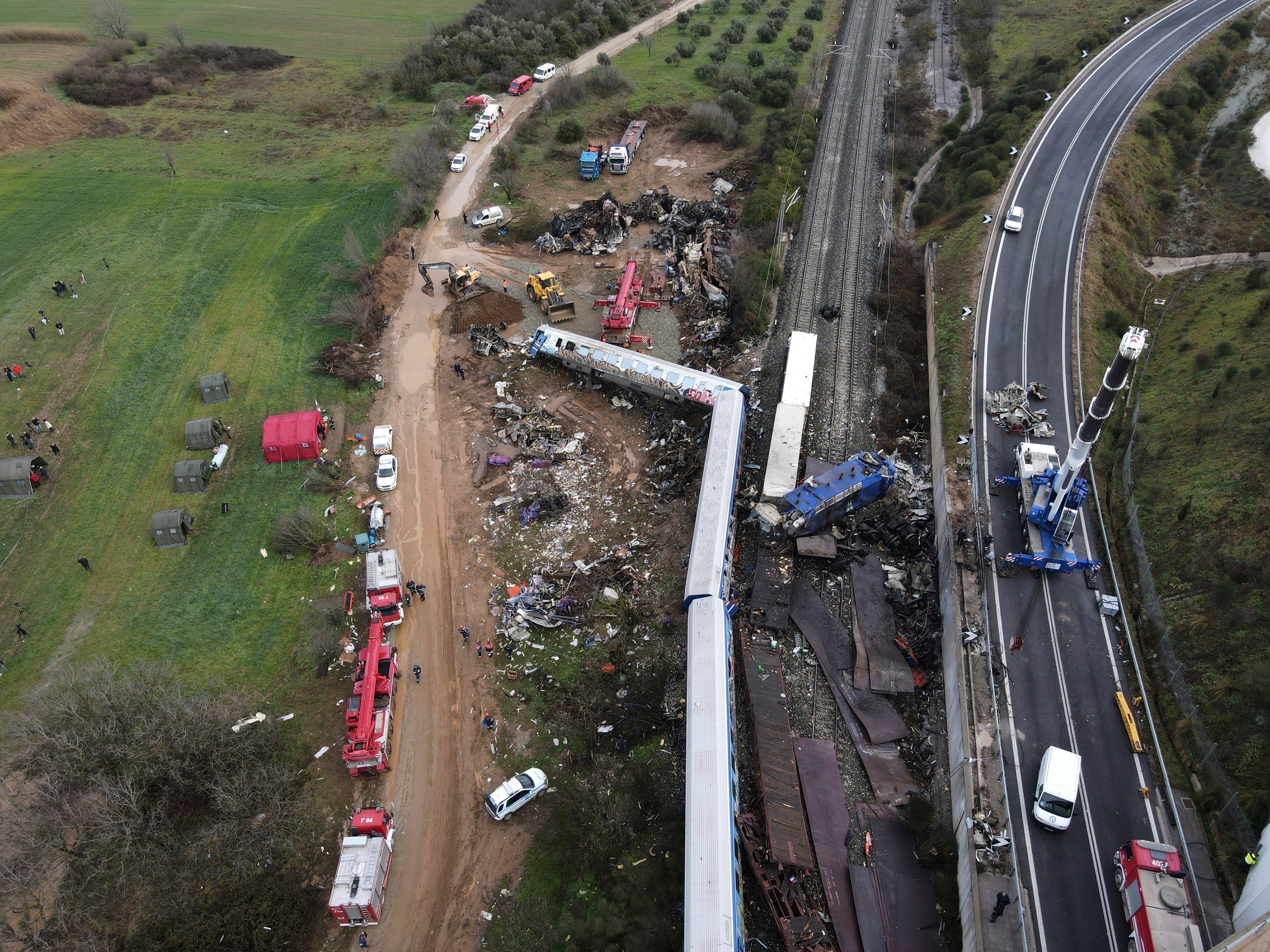 The wreckage of the trains lie on the rail lines in Greece