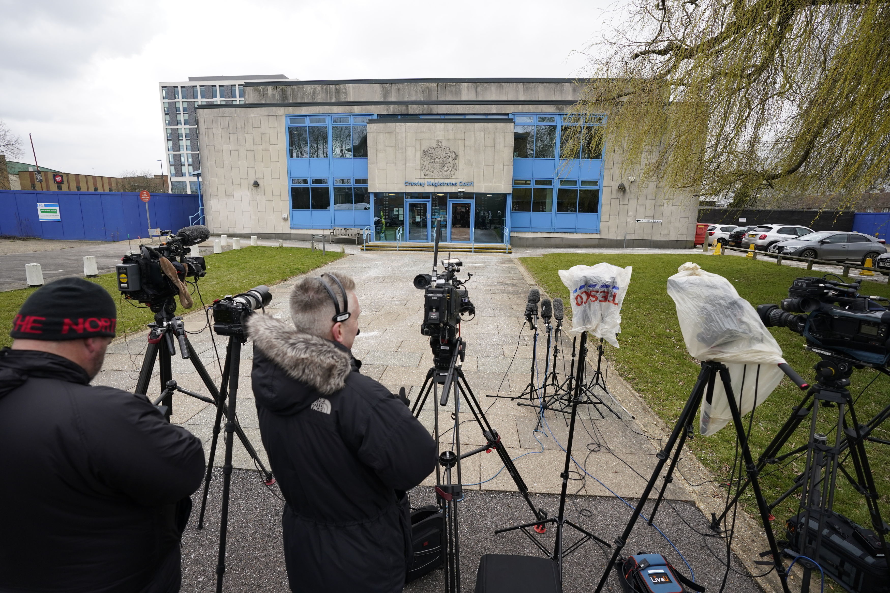 Media outside Crawley Magistrates Court where Constance Marten and Mark Gordon are due to appear