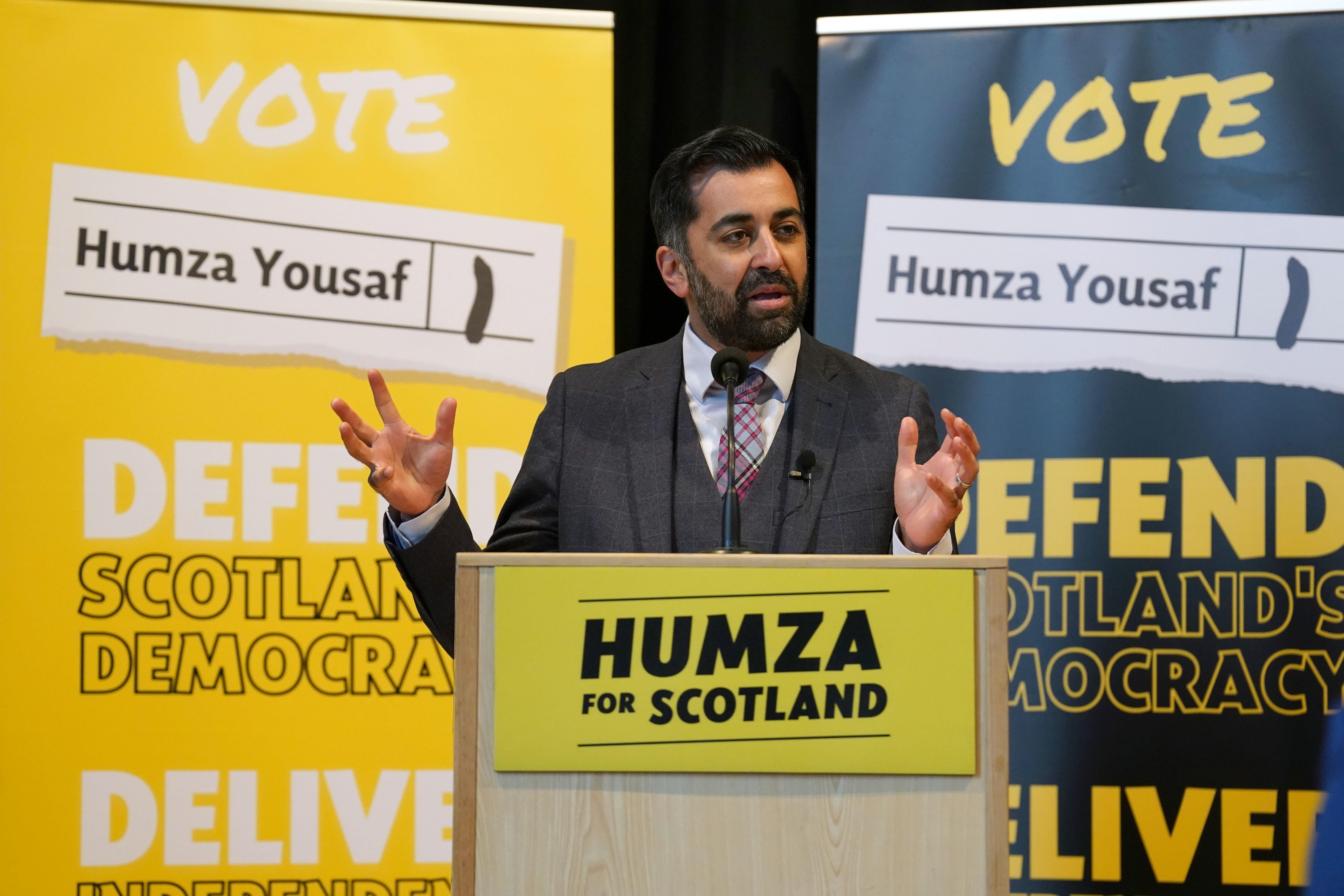 SNP leadership candidate Humza Yousaf delivers a speech on his vision for an independent Scotland (Andrew Milligan/PA)