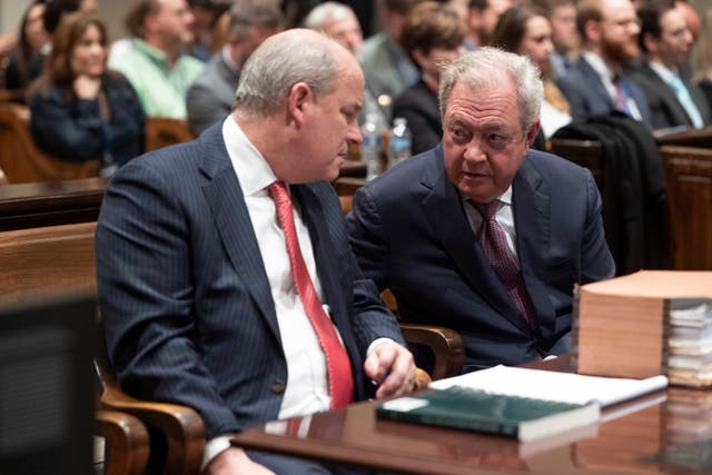 <p>Defence attorneys Dick Harpootlian, right, and Jim Griffin speak after their client Alex Murdaugh is found guilty of murder </p>