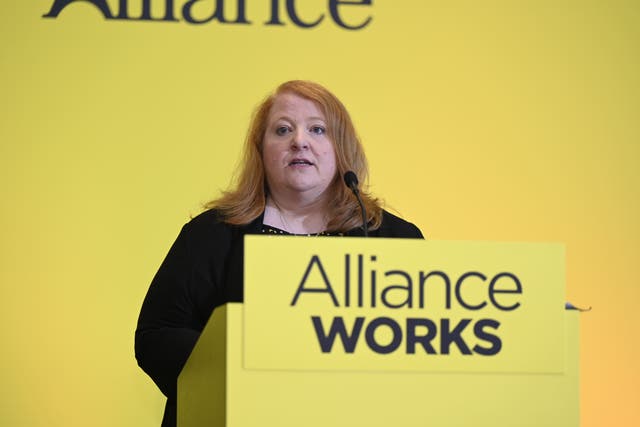 Alliance leader Naomi Long addresses her party conference at the Stormont Hotel in Belfast (Neil Harrison/Alliance/PA)