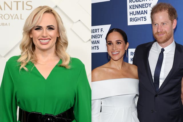<p>Rebel Wilson (left) and the Duke and Duchess of Sussex</p>