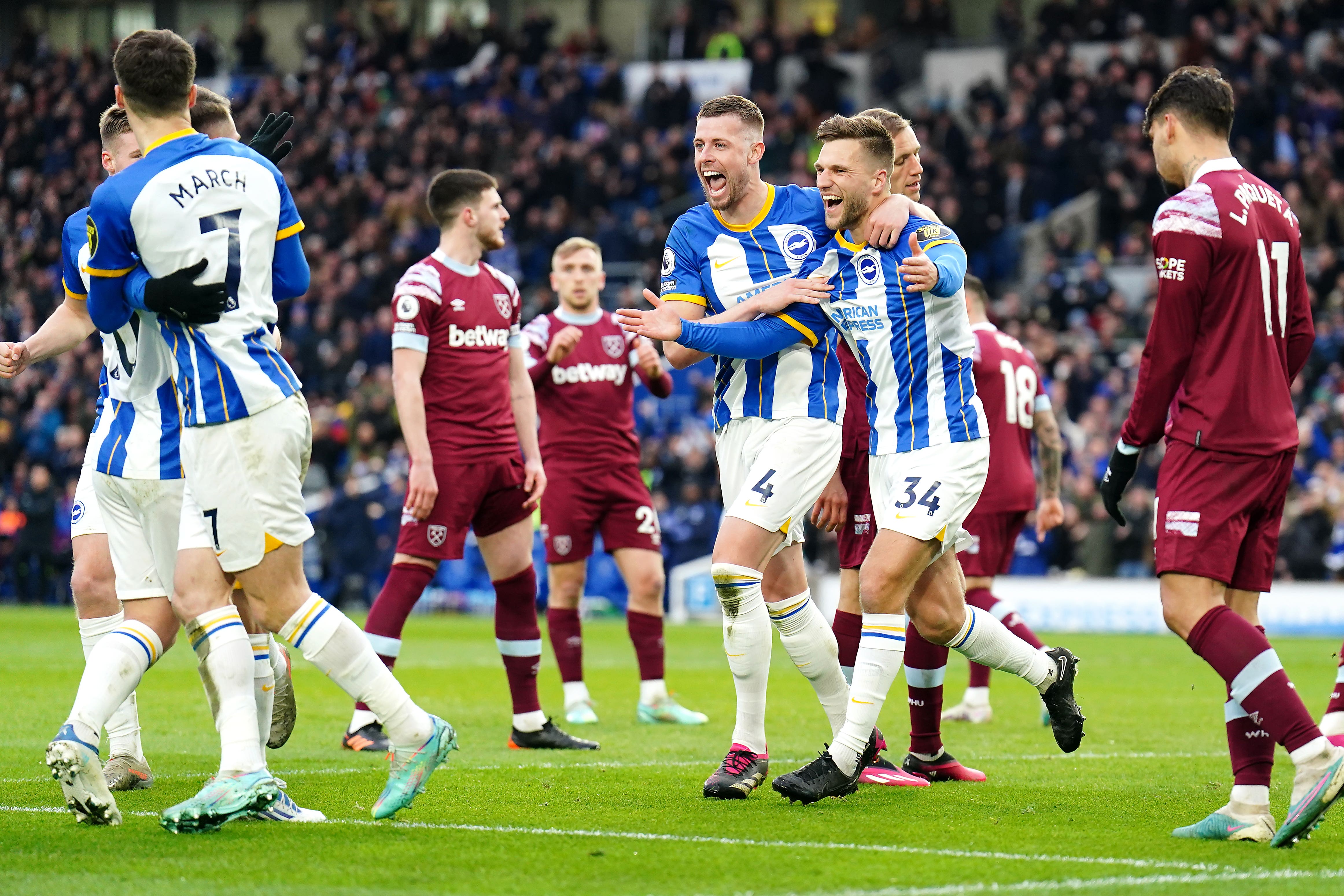 Brighton’s Joel Veltman (centre) celebrates scoring their side’s second goal against West Ham (Zac Goodwin/PA)