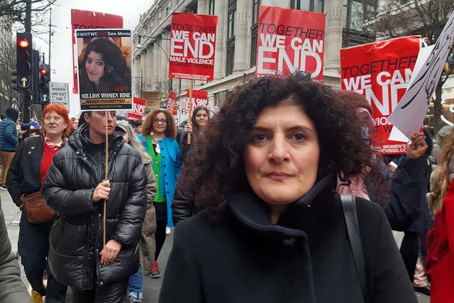 Farah Naz, the aunt of murdered aspiring lawyer Zara Aleena, spoke out during a Million Women Rise march from Oxford Street to Trafalgar Square in London (Helen William/PA)