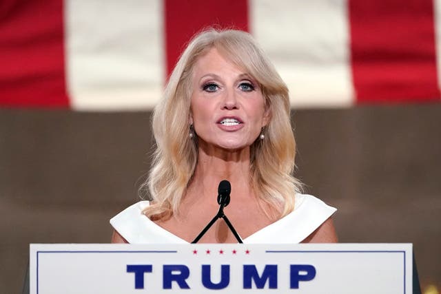 <p>Kellyanne Conway tapes her speech for the third day of the Republican National Convention from the Andrew W. Mellon Auditorium in Washington on Aug. 26, 2020</p>