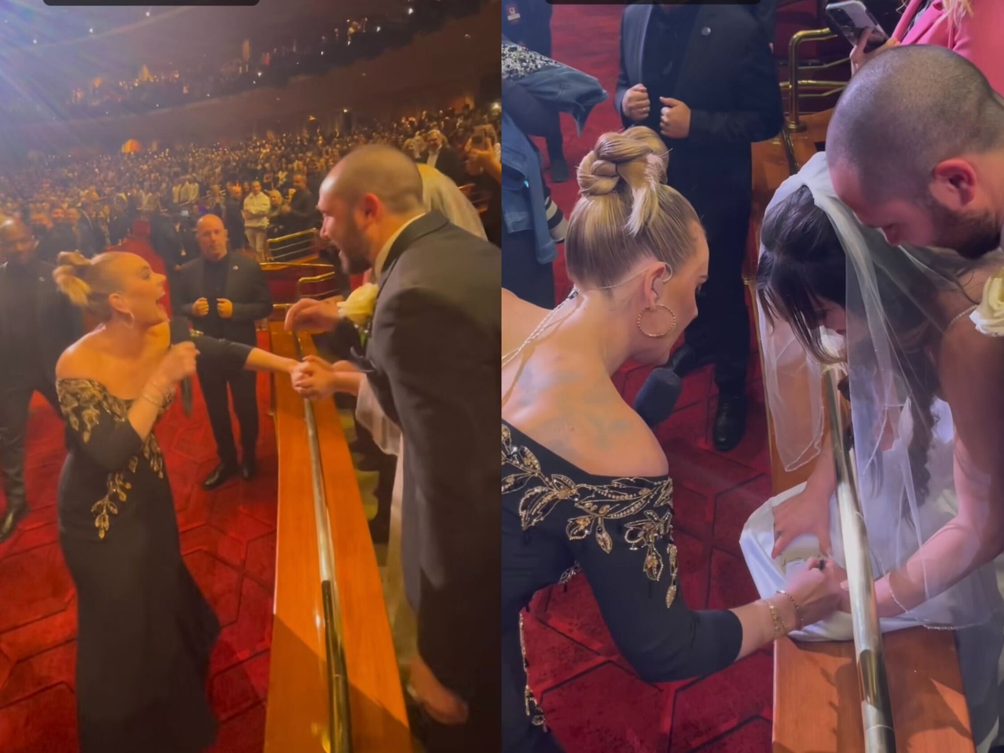 <p>Adele signed the wedding dress of a couple who went to her concert immediately after their ceremony</p>