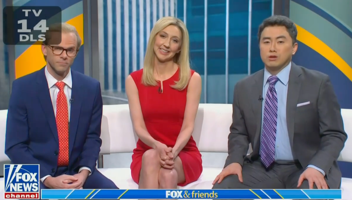From left: SNL’s Mikey Day, Heidi Gardner and Bowen Yang spoofed Fox & Friends in its latest cold open
