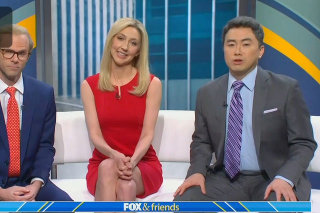 <p>From left: SNL’s Mikey Day, Heidi Gardner and Bowen Yang spoofed Fox & Friends in its latest cold open</p>