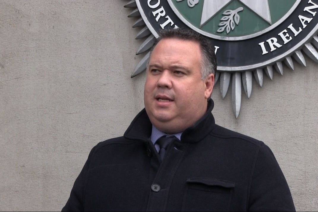 PSNI Detective Chief Inspector John Caldwell speaking at a press conference in Belfast, where he outlined details of a ??10,000 reward offered by the Crimestoppers charity, for information leading to the conviction of UDA gunmen responsible for shooting Sally Cummins, a 61-year-old grandmother, in her Coleraine home in October, leaving her critically injured.