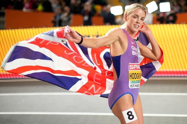 Great Britain’s Keely Hodgkinson celebrates after winning gold in the 800m final at the European Athletics Indoor Championships in Istanbul (Francisco Seco/AP/PA)