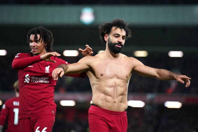 Mohamed Salah celebrates Liverpool’s sixth goal against Manchester United (Peter Byrne/PA)