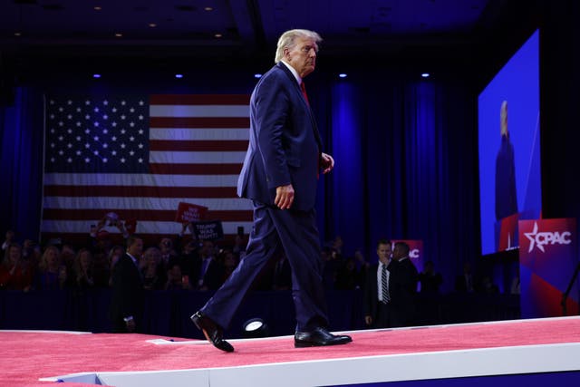 <p>Donald Trump leaves after he addressed the annual Conservative Political Action Conference (CPAC) in National Harbor, Maryland</p>