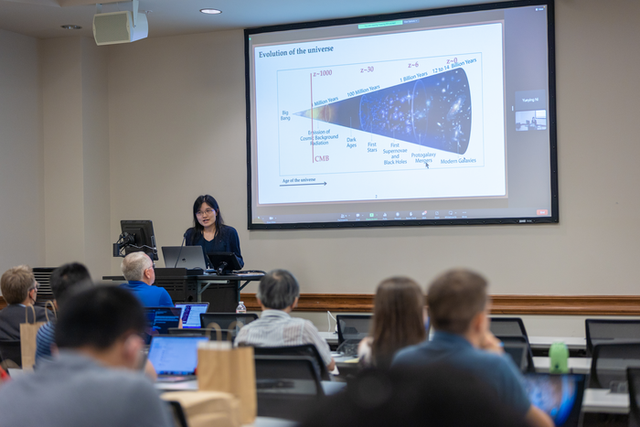 <p>Study lead author Yueying Ni, Harvard–Smithsonian Center for Astrophysics, presenting at the 2022 Frontera User Meeting, Texas Advanced Computing Center</p>