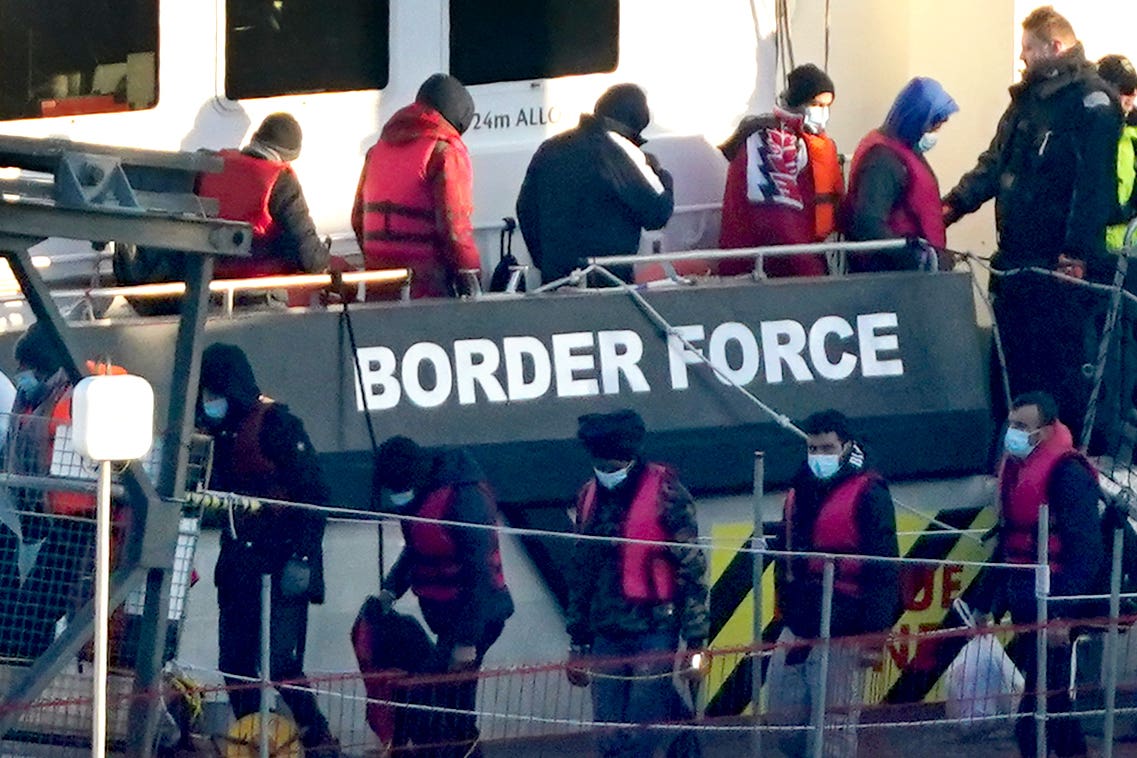 A group of people thought to be migrants are brought in to Dover, Kent, on board a Border Force vessel, following a small boat incident in the Channel