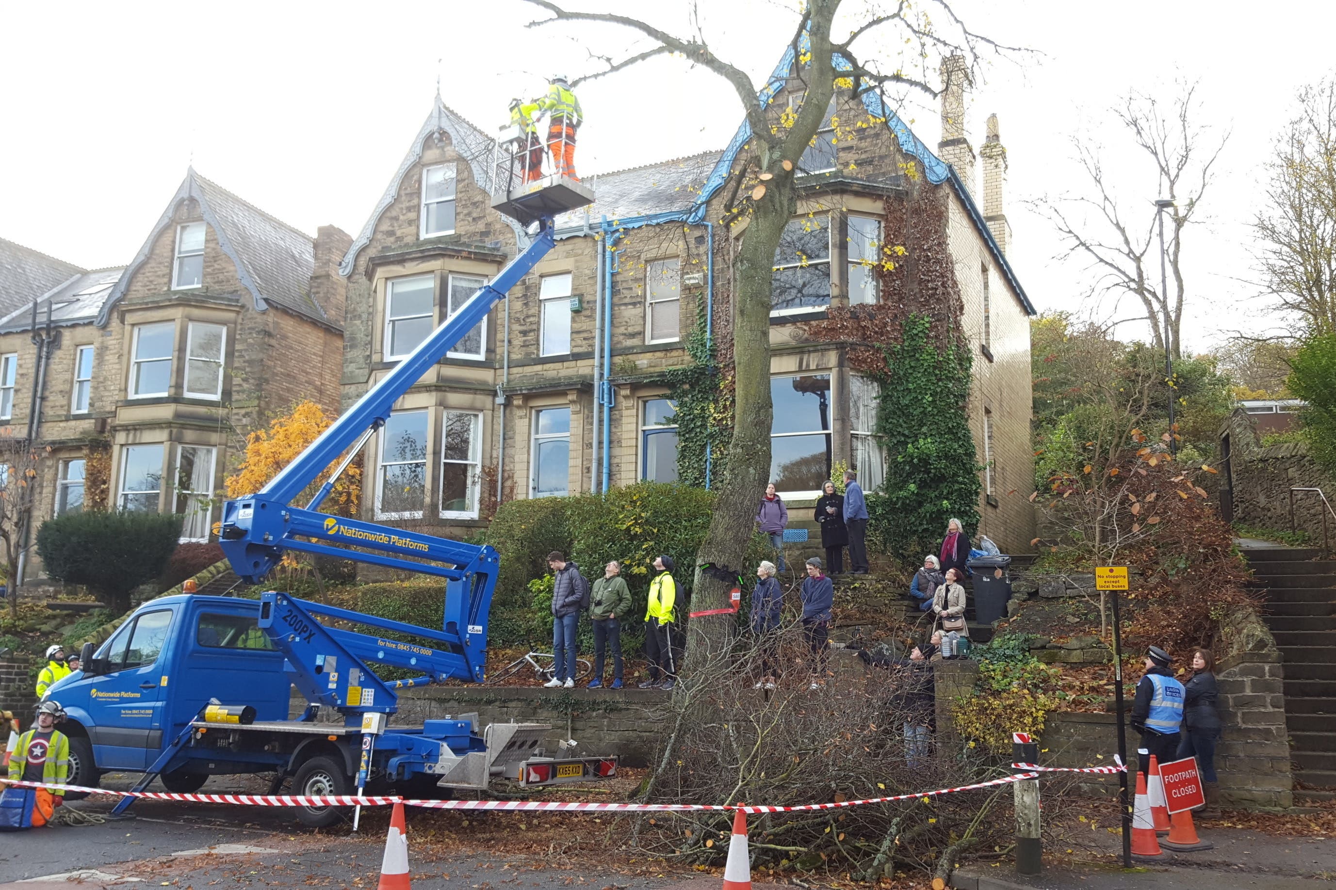 Contractors cut down the final tree in Rustlings Road, Sheffield, where three people protesting against a controversial tree felling programme were arrested after council contractors started cutting down trees with chainsaws before dawn (Dave Higgens/PA)