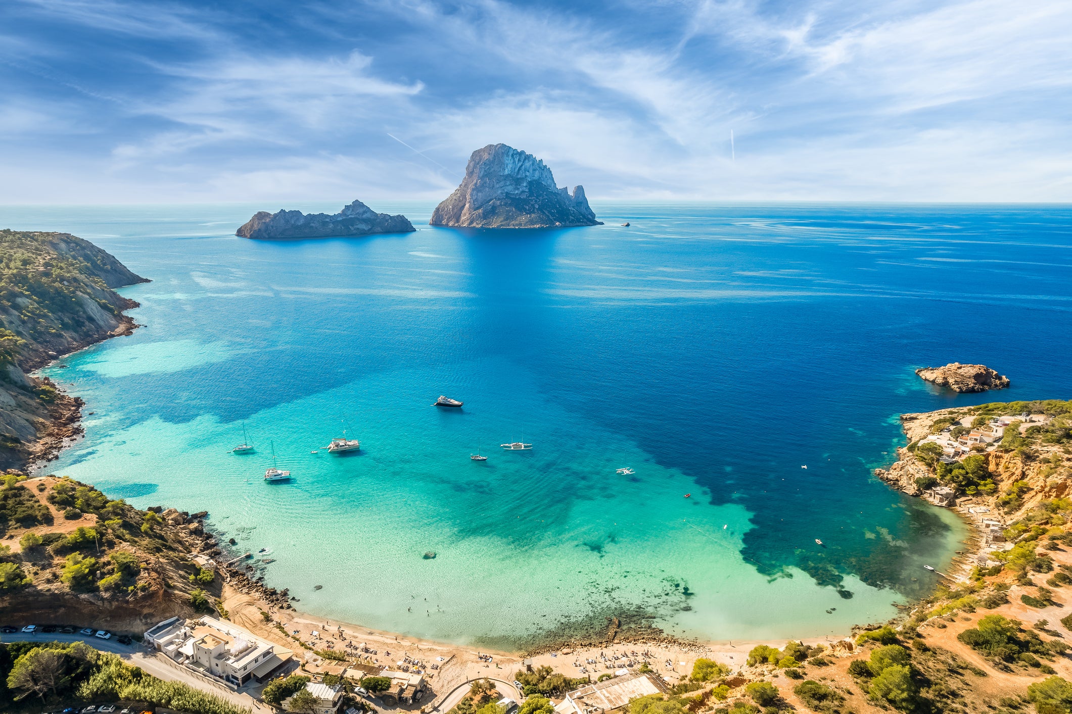 An aerial view of Cala d’Hort, Ibiza