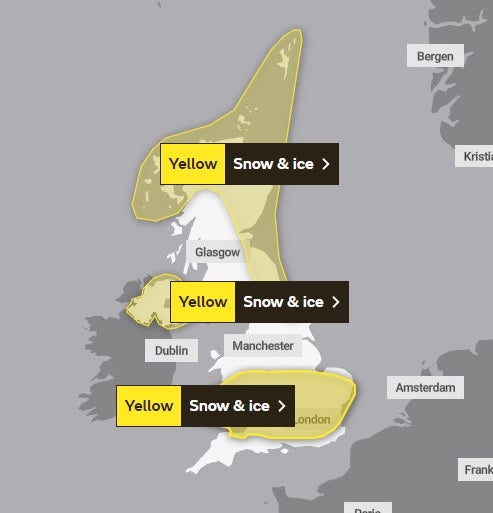 Snow and ice weather warnings in place for parts of all four UK nations