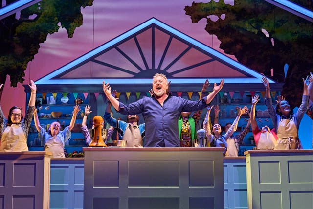 <p>John Owen-Jones as Phil Hollinghurst and the cast of ‘The Great British Bake Off Musical’ </p>