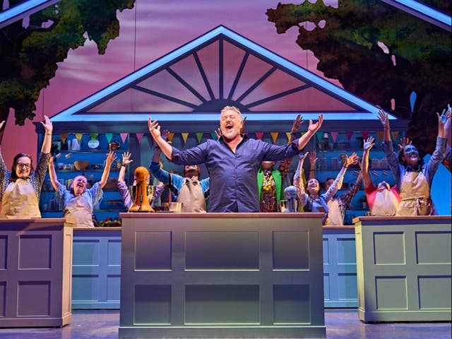 <p>John Owen-Jones as Phil Hollinghurst and the cast of ‘The Great British Bake Off Musical’ </p>