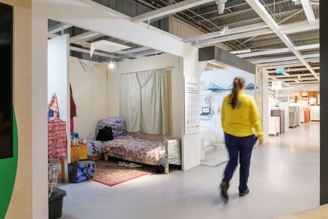 Temporary accommodation setups described as “cramped, dangerous and grotty” have gone on display in Ikea stores across the UK to highlight the conditions homeless people are facing (Tim Gander/PinPep/PA)