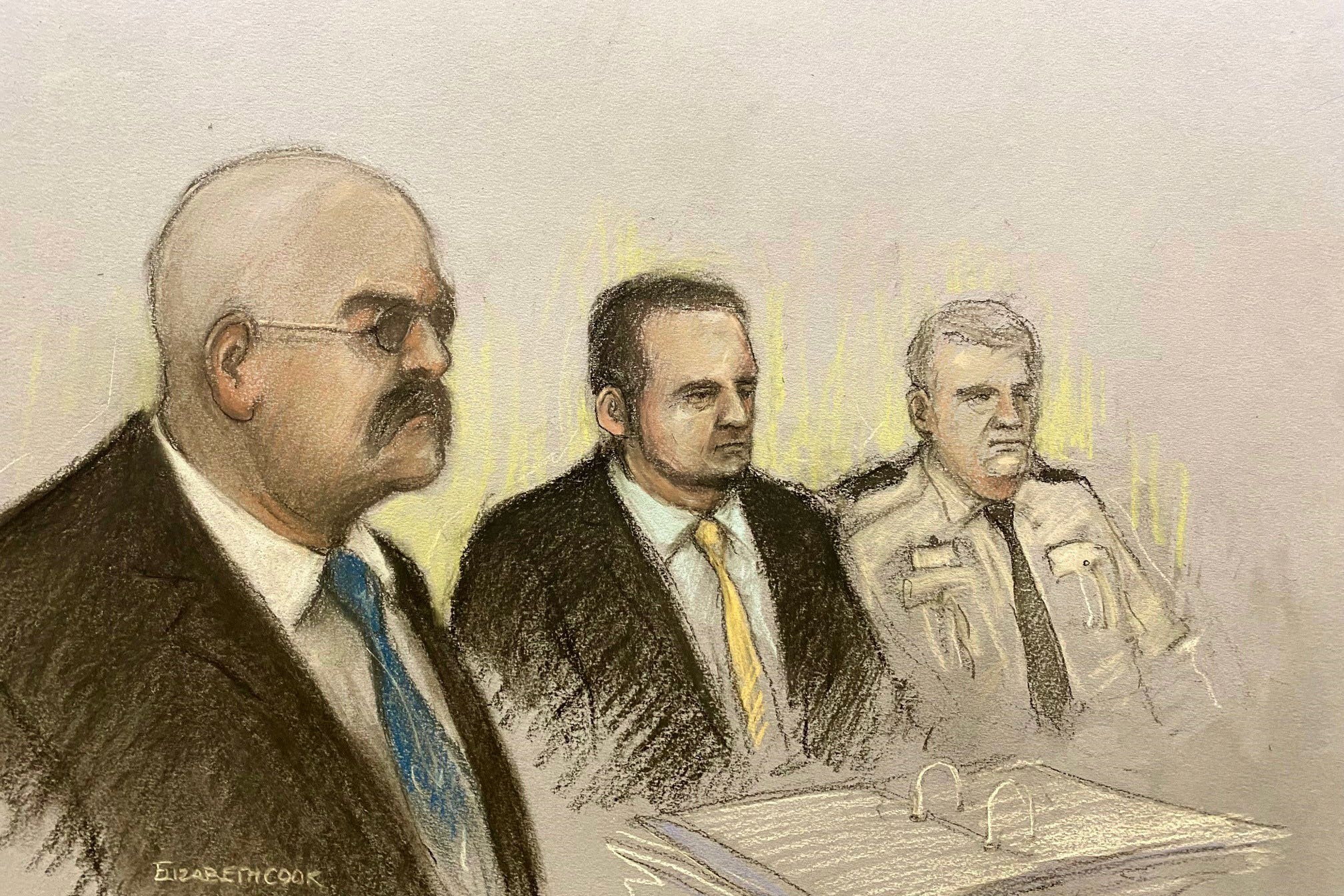 Court artist sketch by Elizabeth Cook of notorious inmate Charles Bronson (left), appearing via video link from HMP Woodhill, during his public parole hearing at the Royal Courts Of Justice, London.