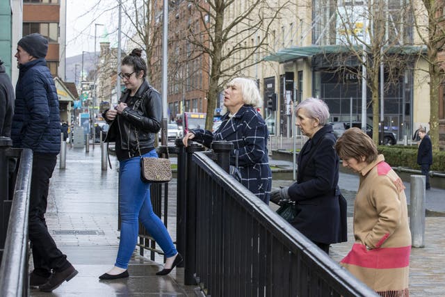 Natalie McNally’s father Noel (left) and mother Bernie (second from right) with family members outside Belfast High Court ahead of a bail application hearing for Stephen McCullagh, who is in custody over the murder of the 32-year-old in Lurgan in December (Liam McBurney/PA)