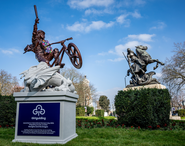 <p>Designed in collaboration with Girlguiding Advocates, the statue is covered in badges that young women have gained across their individual Girlguiding journeys </p>
