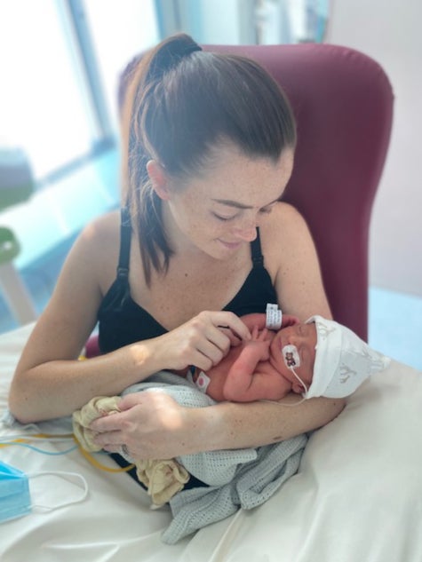 Nicola with her baby in NICU