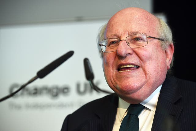 <p>Mike Gapes speaks during a Change UK rally</p>