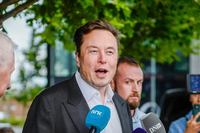 <p>Tesla CEO Elon Musk gives interviews as he arrives at the Offshore Northern Seas 2022 (ONS) meeting in Stavanger, Norway on 29 August 2022</p>