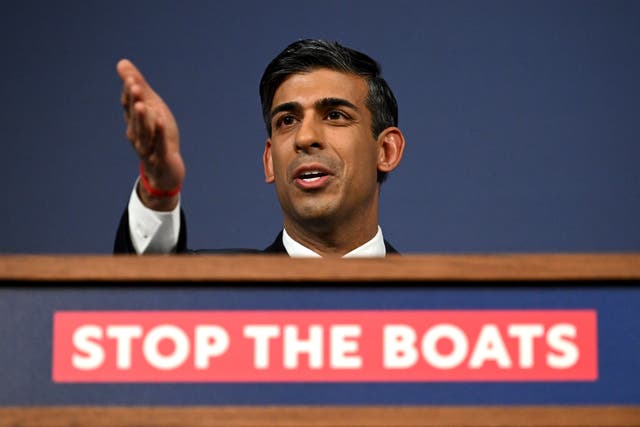 Prime Minister Rishi Sunak during a Downing Street press conference as the Government unveiled plans for fresh laws to curb Channel crossings (Leon Neal/PA)