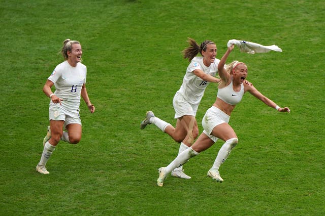 Chloe Kelly, right, celebrates her winner at Wembley last summer (Joe Giddens/PA)