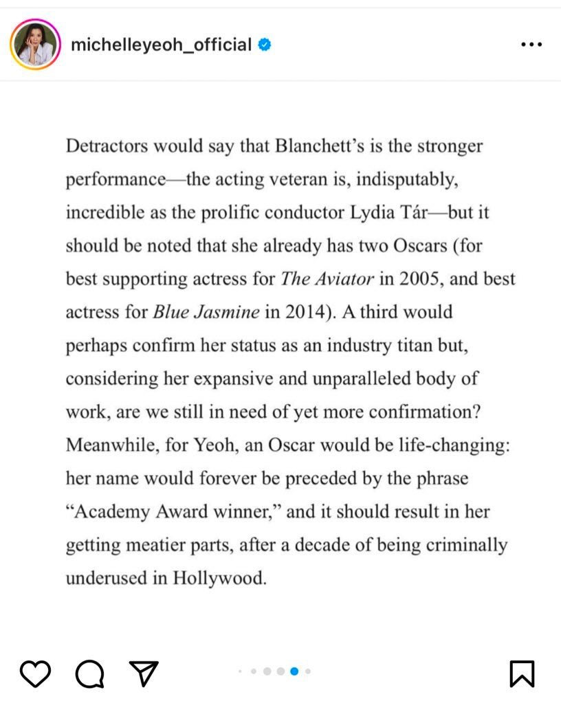 Michelle Yeoh divides fans after sharing article saying that Cate Blanchett  'already has two Oscars' | The Independent