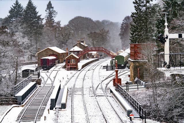 <p>Goathland train station in North Yorkshire blanketed in snow</p>